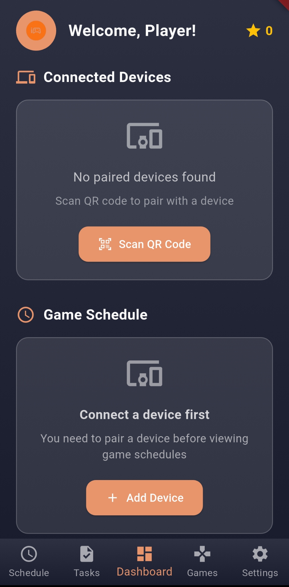 Player empty dashboard screen